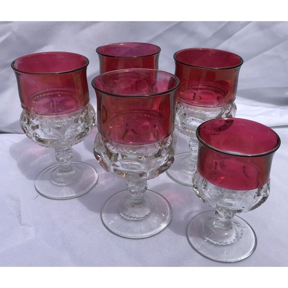 Vtg Kings Crown Flash Ruby Glass Thumbprint Tiffin Franciscan Goblet Set 5 Pc